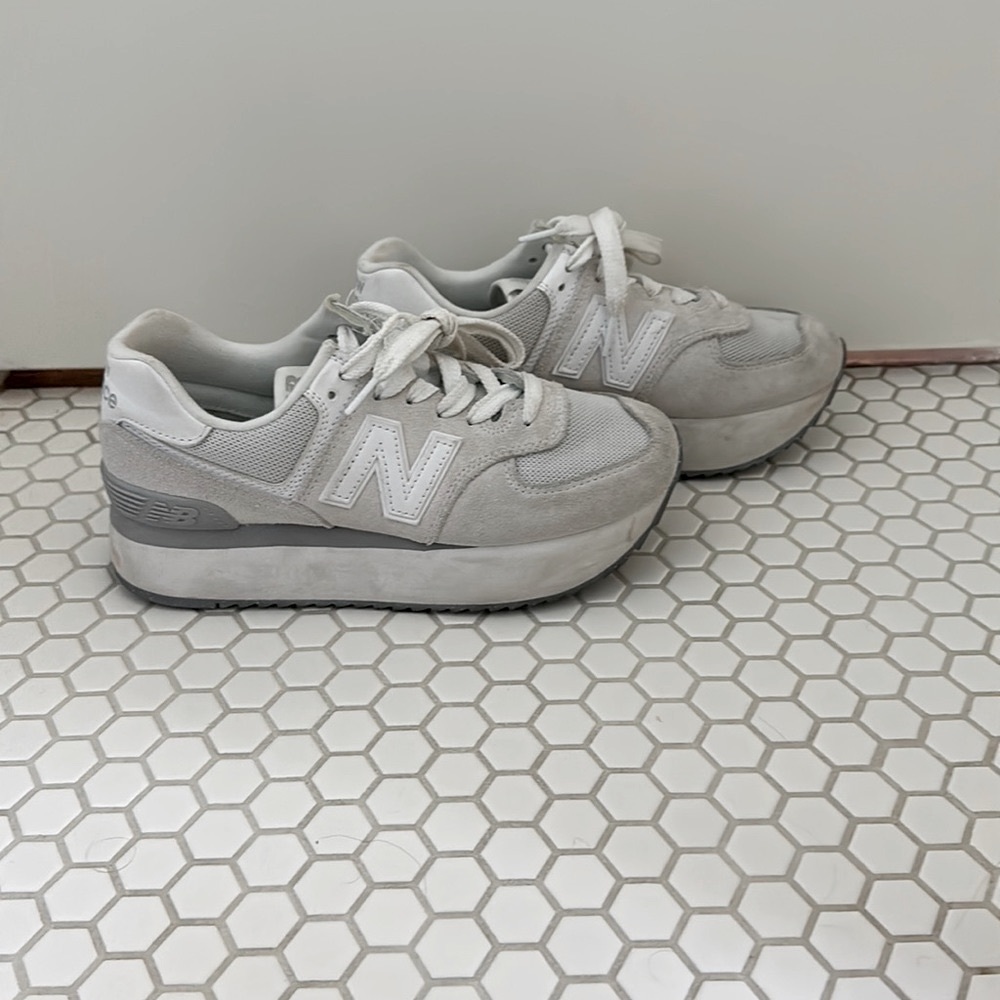 Women’s 574+ Reflection/Rain Cloud in White by New Balance.